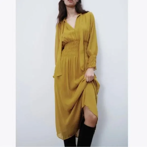 Zara long sleeve chiffon midi dress mustard yellow size M
